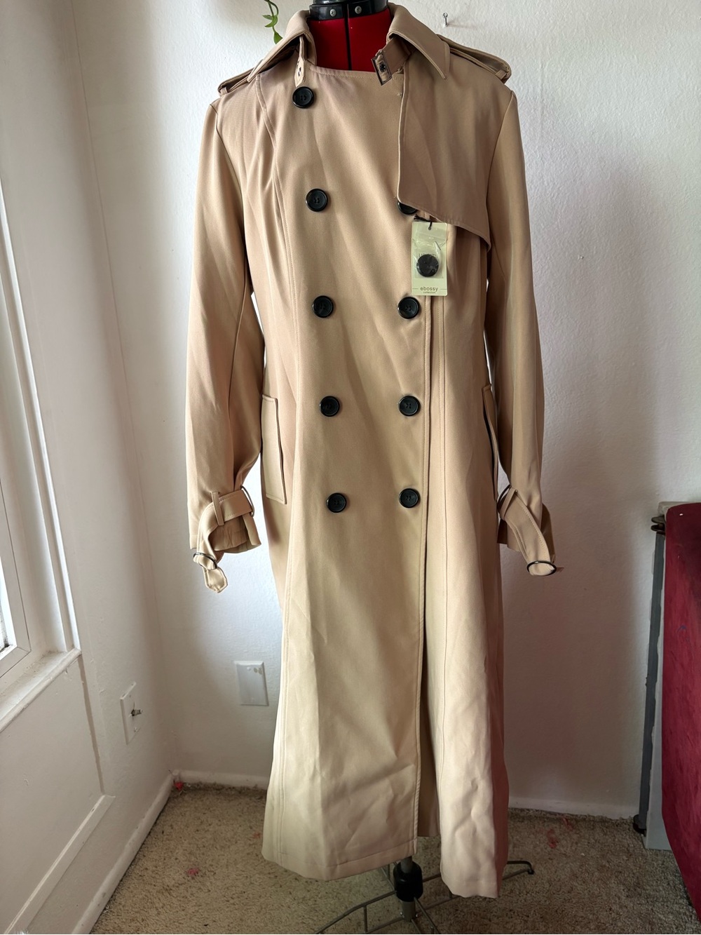 Ebossy Women's Double Breasted Trench Coat L Tan Khaki Longline Belted Jacket
